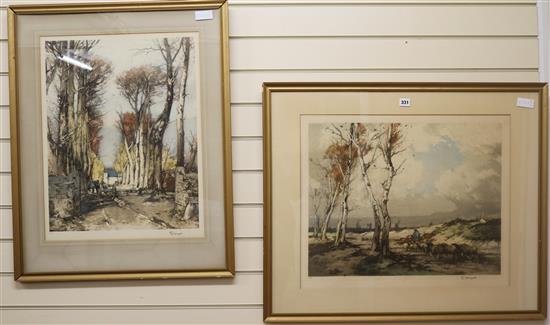 French School, two coloured etchings, shepherd in a landscape and woodmen on a lane, indistinctly signed 45 x 57cm and 56 x 44cm